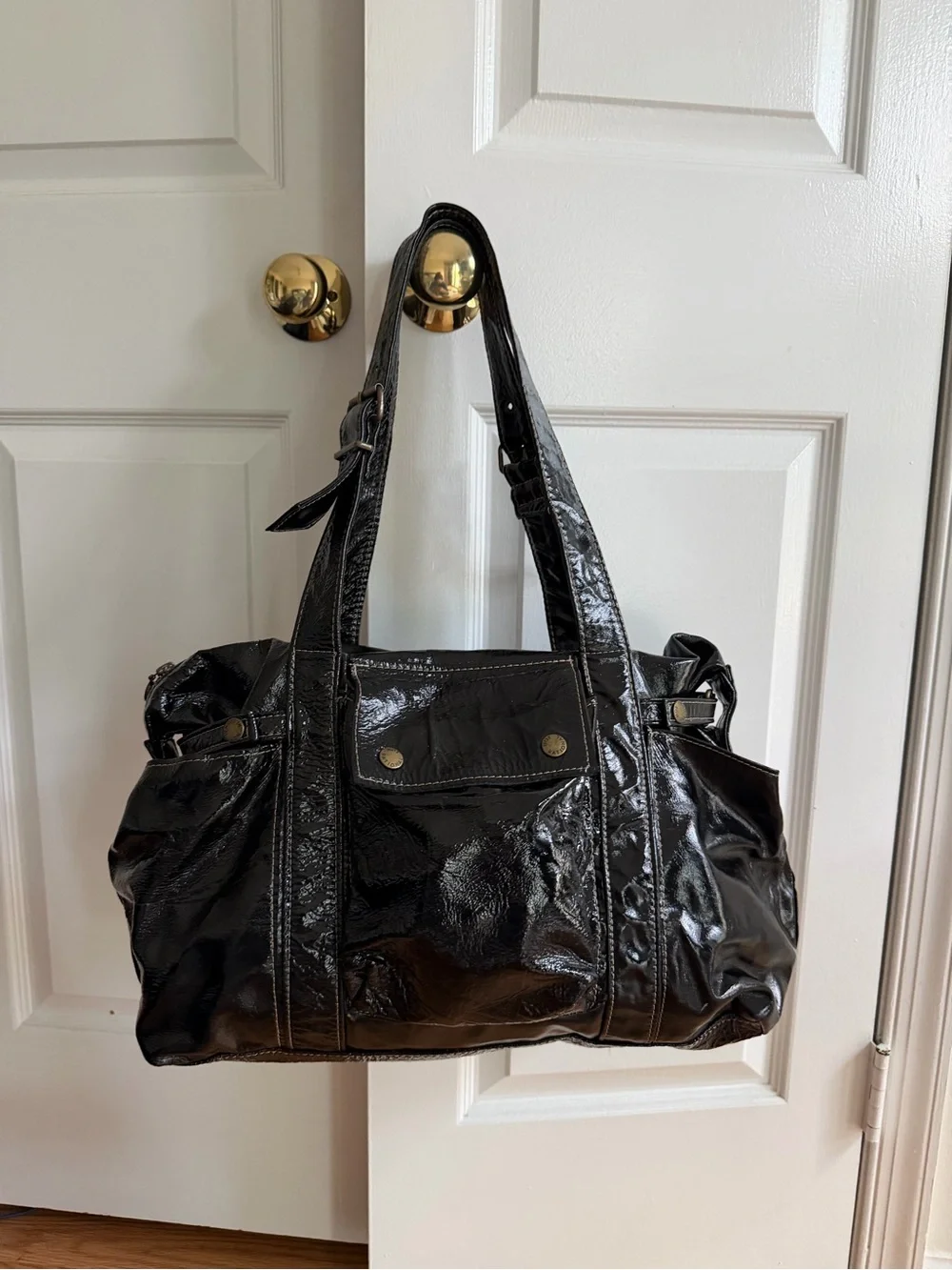 Not Rational Black Patent Leather Slouchy Shoulder Tote Bag Y2K